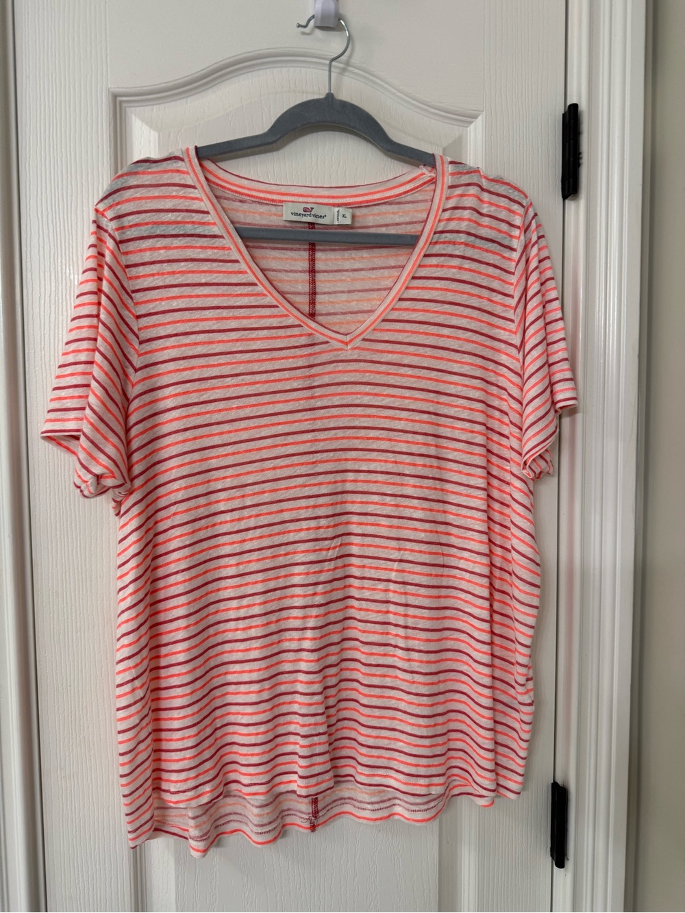 Vineyard Vines Orange, Red and White Striped V-Neck Tee - XL